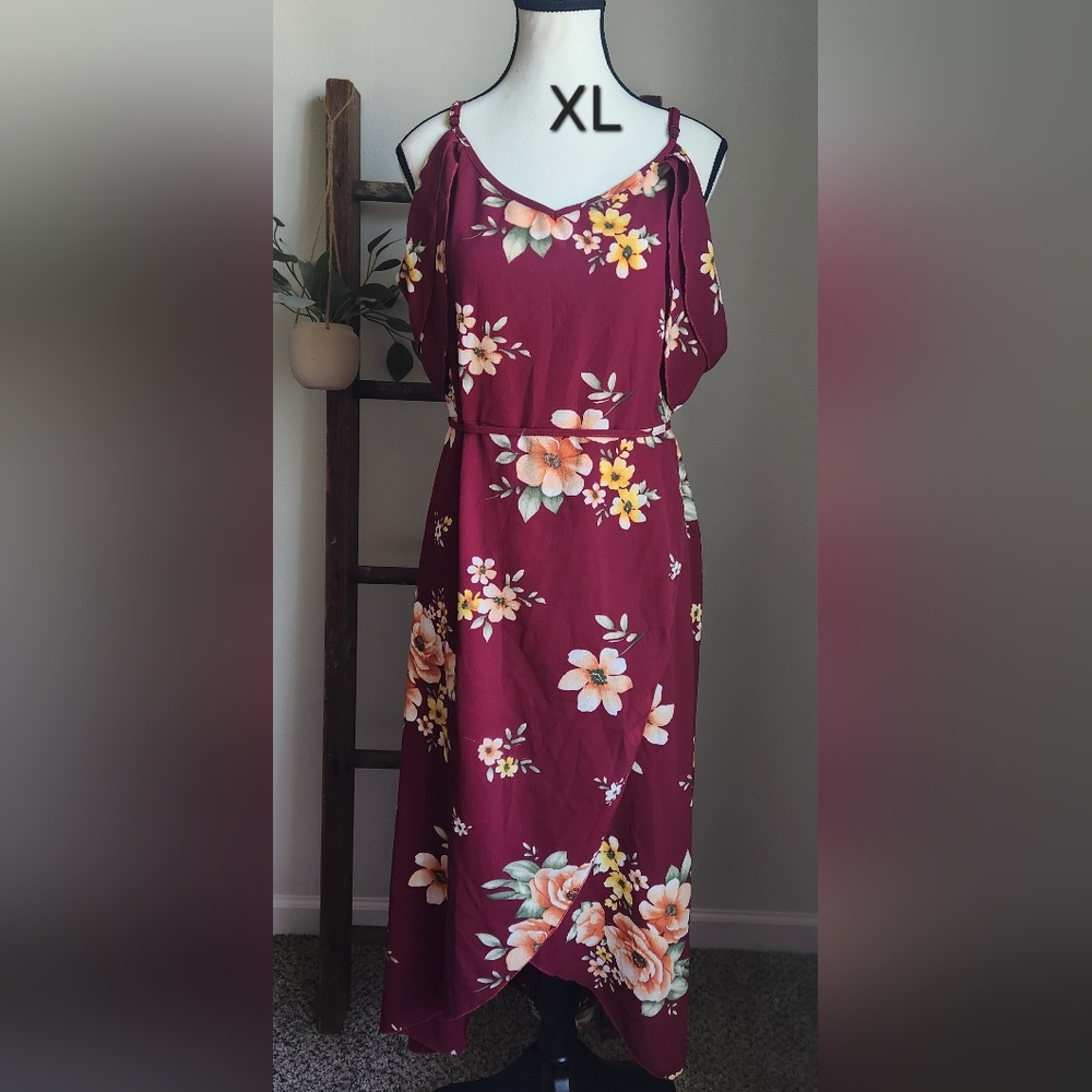 Floral Burgundy Midi Dress with Tie Waist